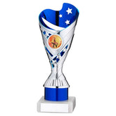 SILVER/BLUE PLASTIC 'SABRE' CUP ASSEMBLED ON MARBLE (1in CEN) - 8in